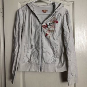 White bomber jacket with embroidered flower design